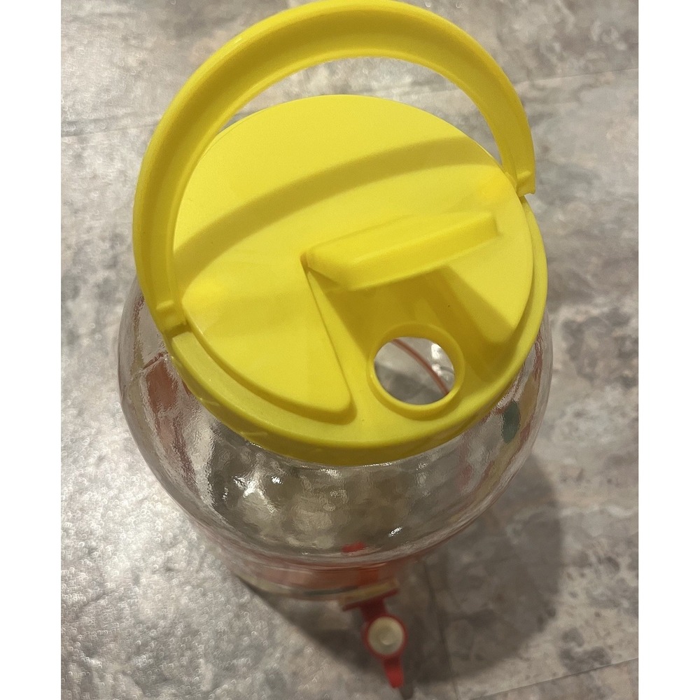 Vintage Sun Tea Glass Water Dispenser Beverage Jar Yellow Lid Cherries And Lemon - Picture 5 of 6